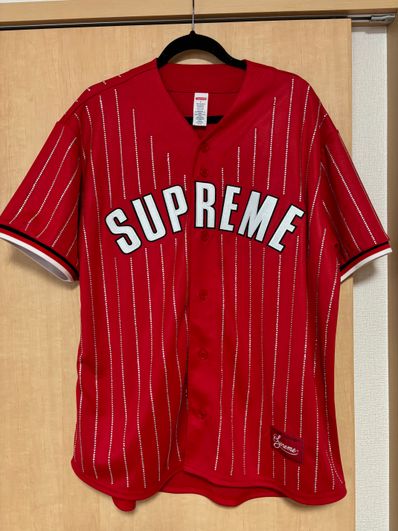 Supreme Rhinestone Stripe Baseball Jersey "Red"