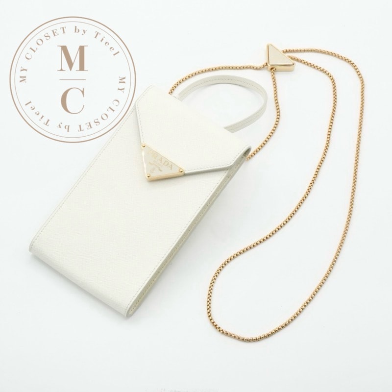 プラダ PRADA 携帯・スマホアクセサリー ホワイト ゴールド サフィアーノ ミニバッグ トライアングルロゴ フォンケース モバイルポーチ ポシェット