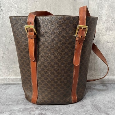 【CELINE】セリーヌ トートバッグ マカダム柄 ブラウン PVC レザー バケツ型 ベルトデザイン ゴールド金具 ヴィンテージ レディース 総柄