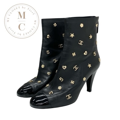 シャネル CHANEL ブーツ ショートブーツ 靴 シューズ レザー パテント ブラック ゴールド ココマーク アイコン ロゴ