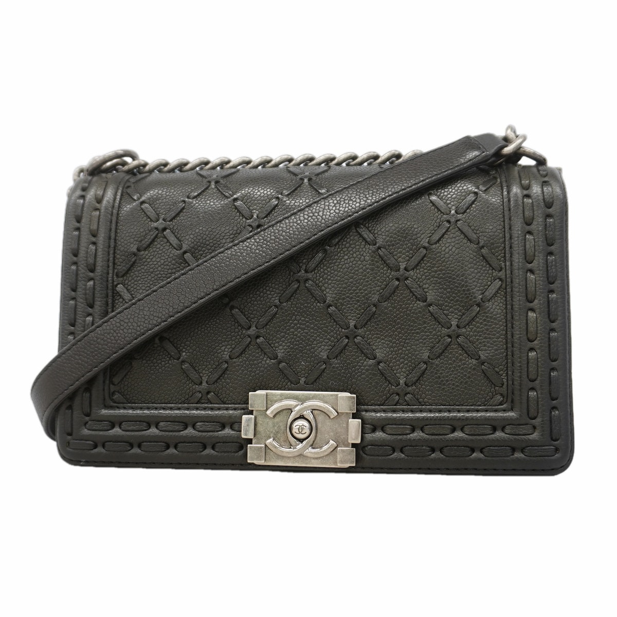 ★SALE【6ic4243】シャネル ショルダーバッグ ボーイシャネル チェーンショルダー キャビアスキン ブラック シルバー金具【中古】レディース