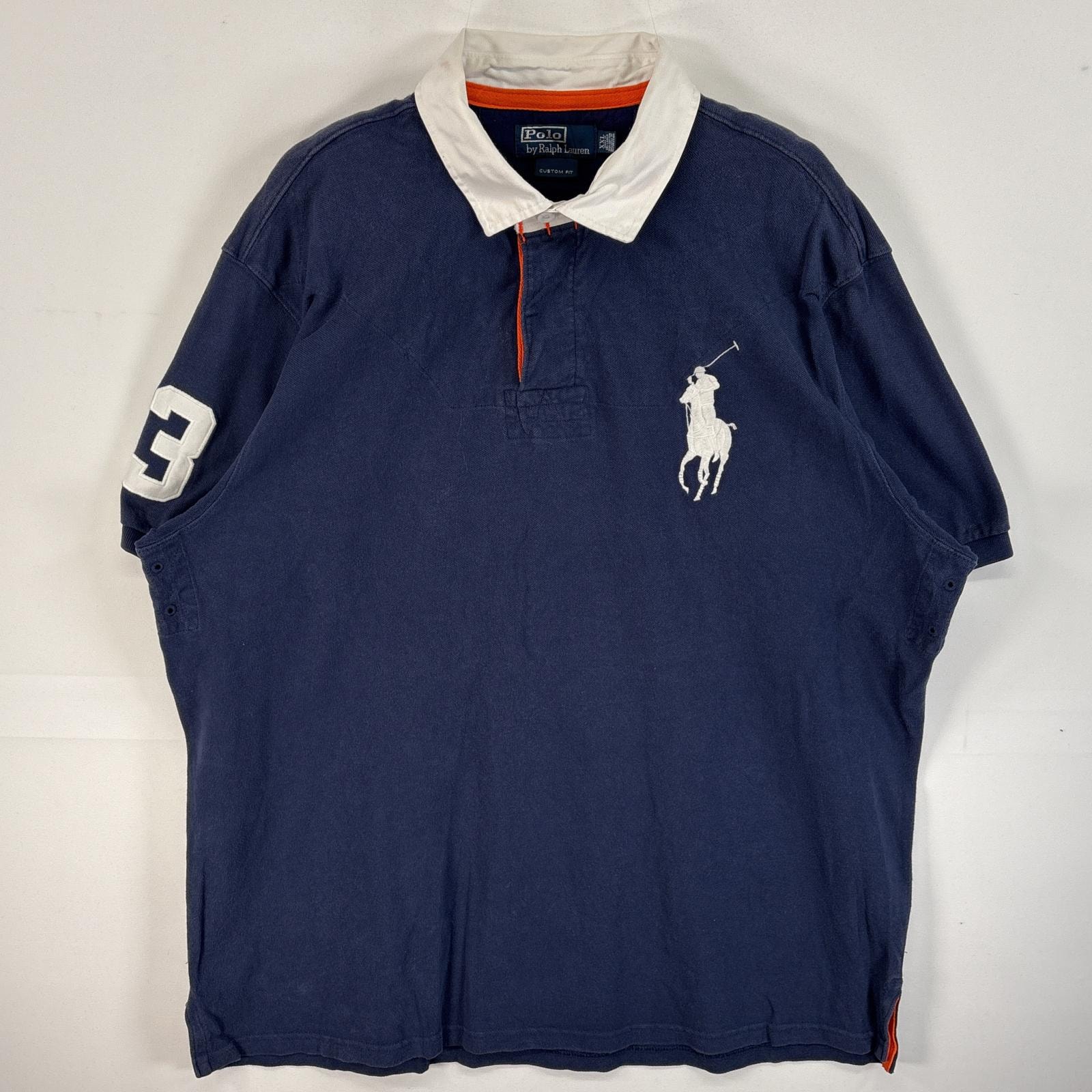 古着 90's/90年代 ポロバイラルフローレン Polo by Ralph Lauren 鹿の子 半袖 ラガーシャツ 2ボタン ビッグポニー 大きいサイズ 14041  ネイビー系 無地 メンズ