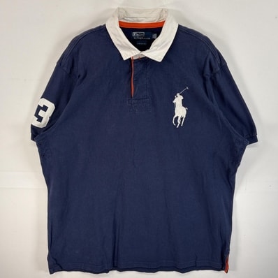 古着 90's/90年代 ポロバイラルフローレン Polo by Ralph Lauren 鹿の子 半袖 ラガーシャツ 2ボタン ビッグポニー 大きいサイズ 14041 ネイビー系 無地 メンズ