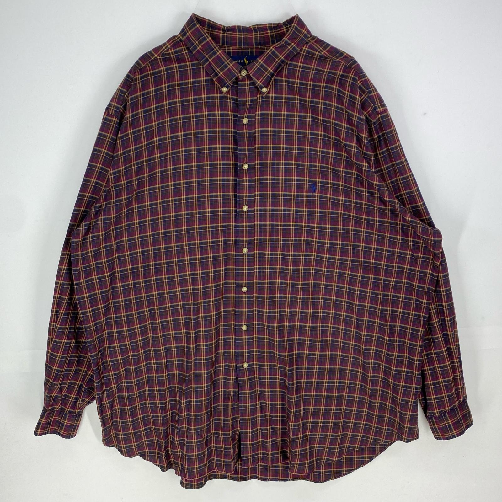 古着 ラルフローレン RALPH LAUREN 長袖シャツ ワンポイント ボタンダウン ロングスリーブ 4XL レッド系 チェック メンズ