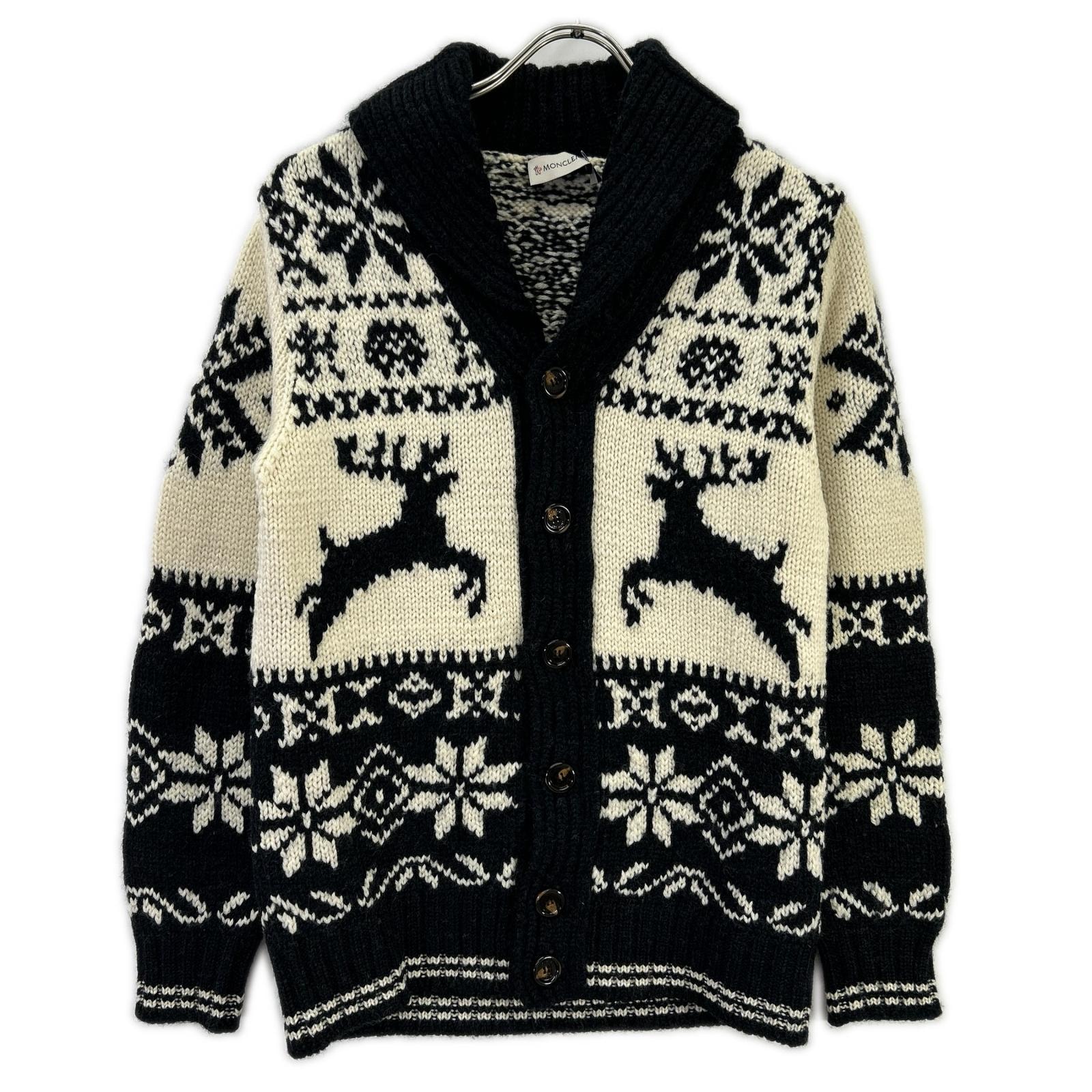 モンクレール アイボリー×ブラック ノルディック柄 MAGLIONE TRICOT CARDIGAN カウチンニット S