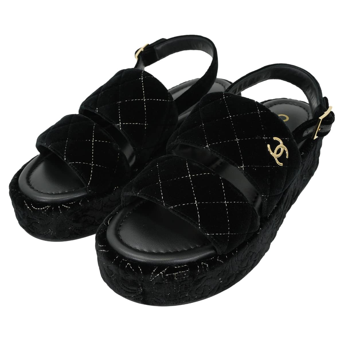 25-26年 秋冬 CHANEL シャネル サンダル 厚底 プラットフォーム マトラッセ ココマーク キルティング 黒 (ブラック) ベルベット 24.5cm(#37.5) シャンパンゴールド金具 G46612 新品未使用