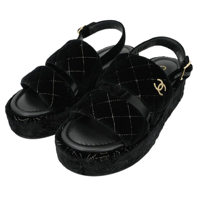 25-26年 秋冬 CHANEL シャネル サンダル 厚底 プラットフォーム マトラッセ ココマーク キルティング 黒 (ブラック) ベルベット 24.5cm(#37.5) シャンパンゴールド金具 G46612 新品未使用