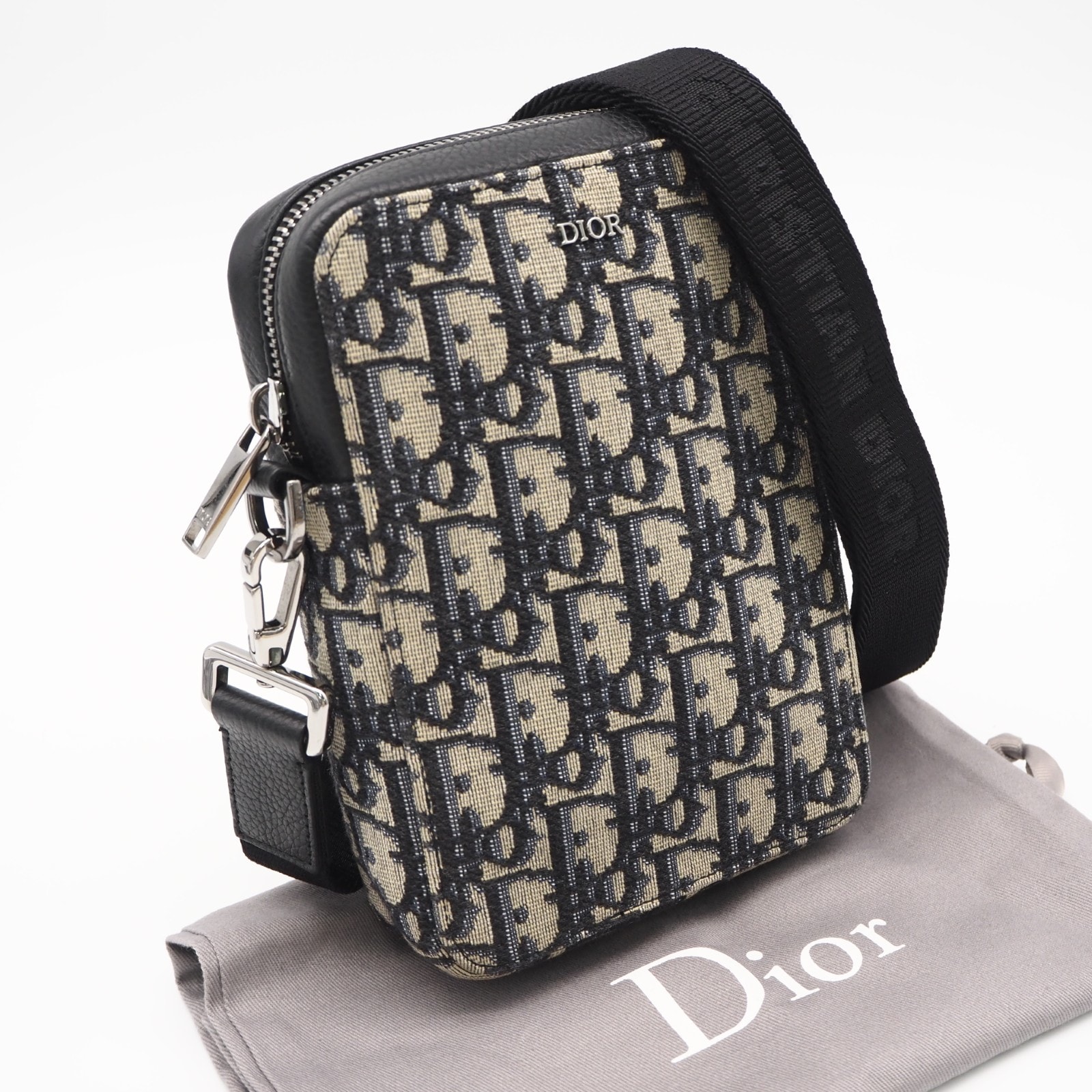 美品 Christian Dior クリスチャンディオール ディオール オブリーク ジャカード メッセンジャーポーチ 2ESBC265YSE ショルダーバッグ ネイビー ベージュ キャンバス レザー メンズ