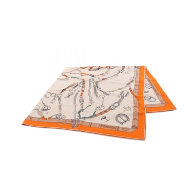 エルメス HERMES カレジェアン カレ140 LES CHEVAUX DECHAINES スカーフ 衣料品 シルク カシミヤ シルク オレンジ レディース ベージュ系 / オレンジ系 / マルチカラー 【中古】
