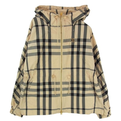 BURBERRY バーバリー 8054298 ロゴ チェック ナイロン フード フーディー ジップアップ ジャケット ベージュ系 36【中古】