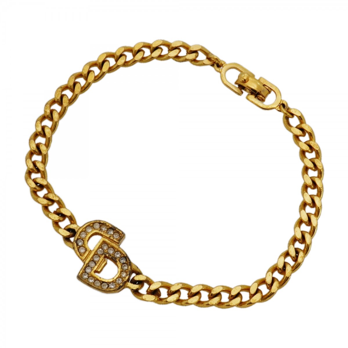 【6jcb1002-k】クリスチャンディオール ブレスレット CDロゴ GPメッキ ラインストーン ゴールド【中古】レディース