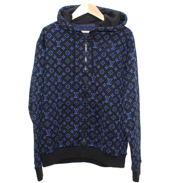 【新品】ルイヴィトン ジップ パーカー モノグラム ジャガード LV柄 黒青 ブラックxブルー メンズ サイズ:XS LOUIS VUITTON トップス パーカー ヴィトン  LOUIS VUITTON Monogram Zip-Through Hoodie
