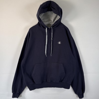 古着 チャンピオン Champion パーカー ワンポイントロゴ刺繍 マフポケット フーディ フード紐 プルオーバー L ネイビー メンズ