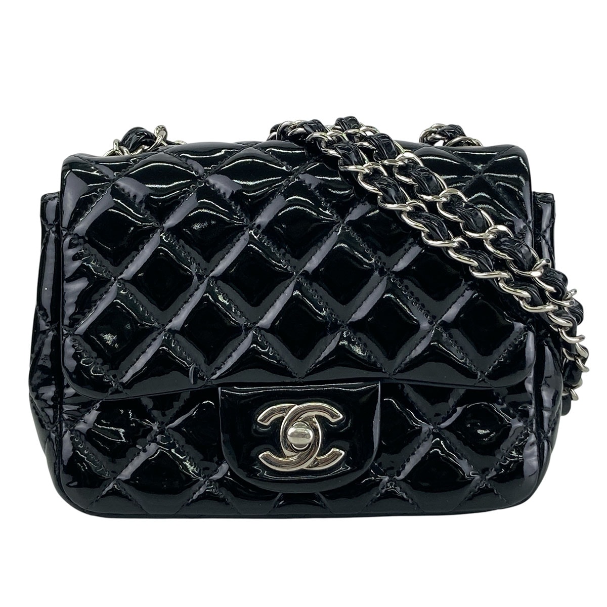 CHANEL シャネル ミニ マトラッセ シングルフラップ チェーンショルダーバッグ 17 ショルダーバッグ パテントレザー エナメル ブラック シルバー レディース【中古】