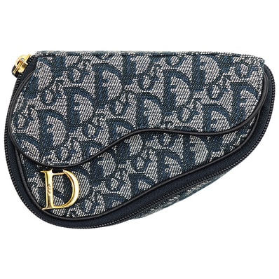 【極美品】Christian Dior クリスチャンディオール サドルポーチ メンズ レディース ユニセックス ロゴ トロッター オブリーク ジャガード D ゴールドチャーム バッグ 小物 ネイビー グレー 紺 灰色 スペイン製