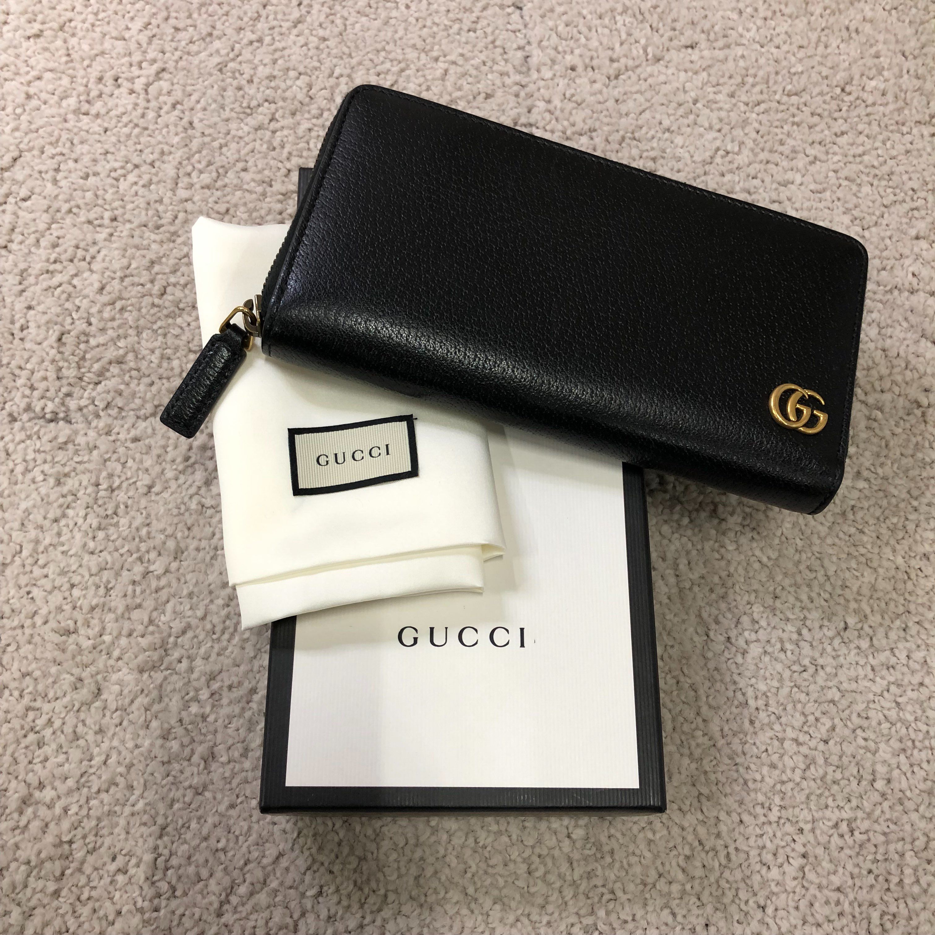GUCCI GG Marmont Leather Zip Around Wallet "Black/Gold"
