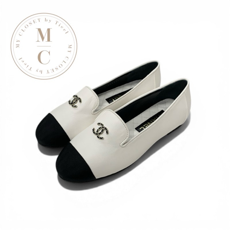 シャネル CHANEL ローファー 革靴 靴 シューズ レザー ホワイト ブラック ココマーク バイカラー フラットシューズ