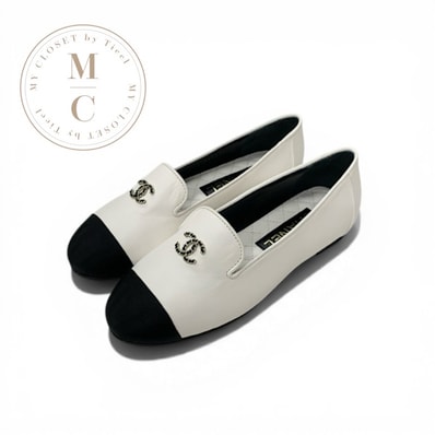 シャネル CHANEL ローファー 革靴 靴 シューズ レザー ホワイト ブラック ココマーク バイカラー フラットシューズ