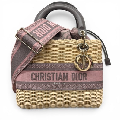 Christian Dior 希少 展示品級 美品 Lady Dior バッグ ミディアム ラタン & ディオール オブリーク ジャカード 2way ハンドバッグ ショルダーバッグ ラタン レザー ベージュ ロゴ SAランク 鑑定済 中古