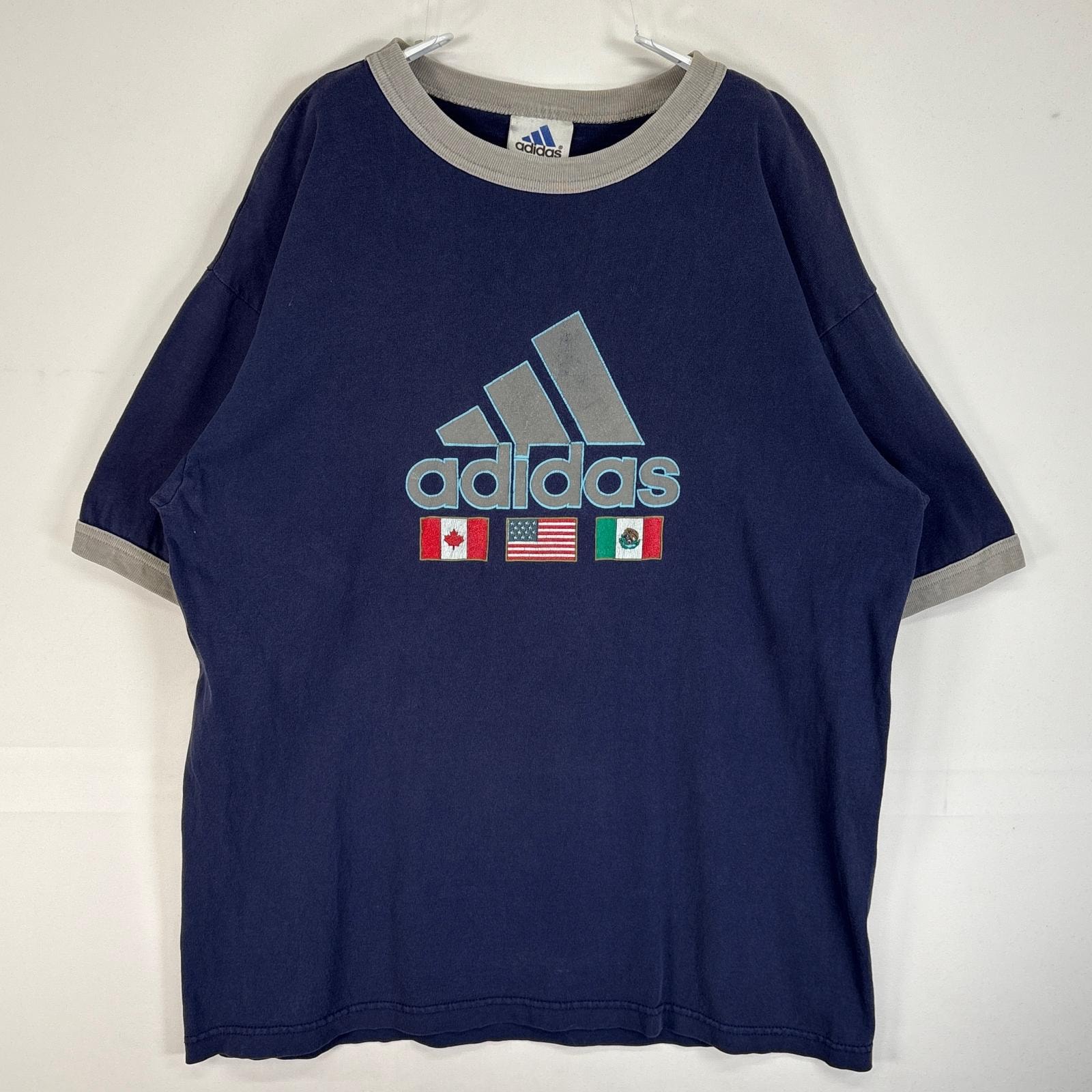 古着 00’s/00年代 アディダス adidas 半袖Tシャツ リンガー パフォーマンス ロゴ USA製 肉厚 M ネイビー系 ツートン メンズ