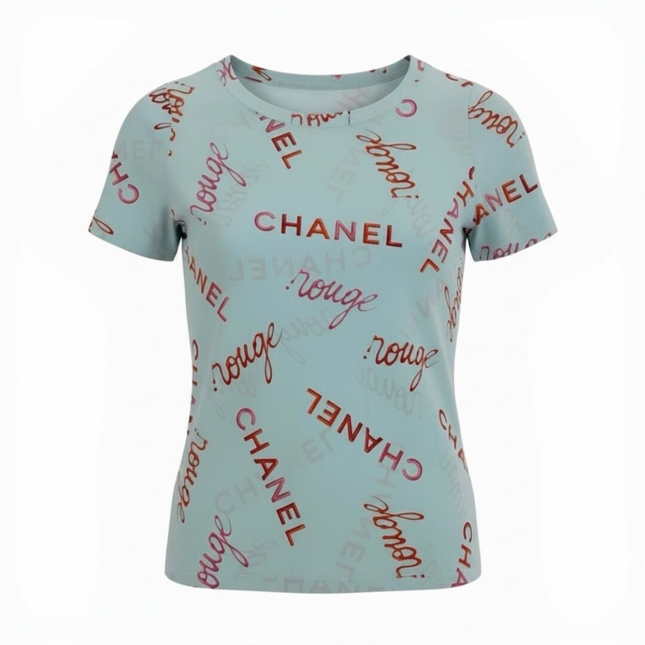 美品 CHANEL シャネル ヴィンテージ 1996年 96P ロゴプリント ブルー シルク 半袖Tシャツ A3-00039 【中古】