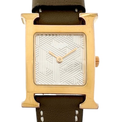 美品 HERMES エルメス Hウォッチ HH1.202c 腕時計 イエローゴールド/レザー グレージュ クォーツ シルバー文字盤 レディース【中古】