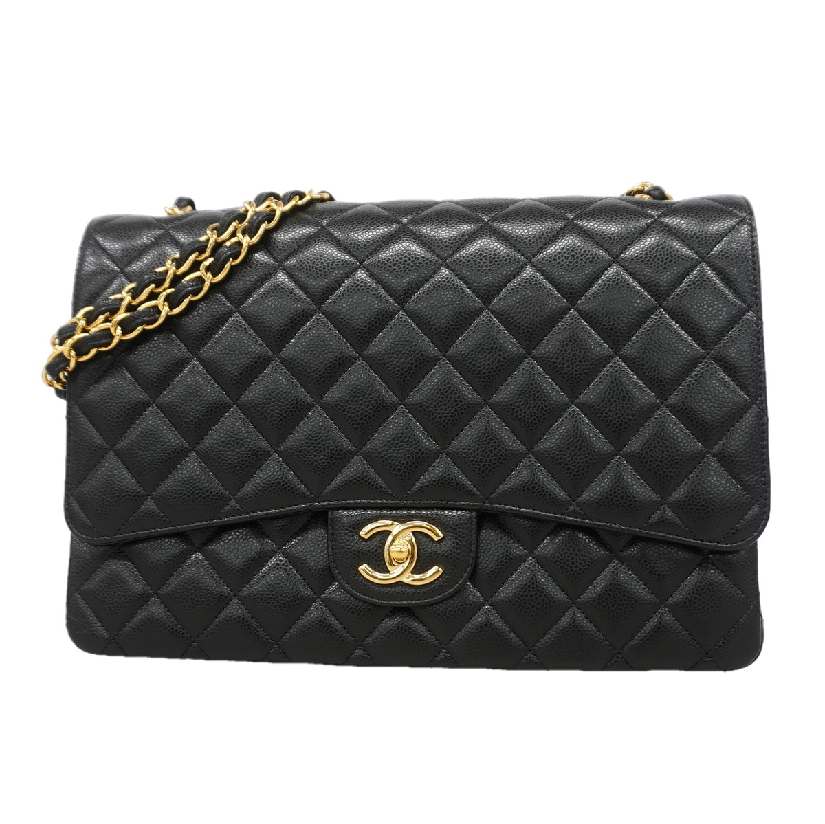 【6kd3389】シャネル ショルダーバッグ デカマトラッセ Wフラップ Wチェーン キャビアスキン ブラック ゴールド金具【中古】レディース