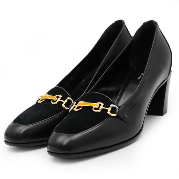 SALE【極美品】GUCCI グッチ パンプス レディース 36.5ホースビット ローファー スウェード/レザー レザーソール ヒール シューズ 靴 箱・袋付属 ブラック 黒