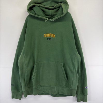 古着 チャンピオン Champion パーカー スウェット プルオーバー ロゴ 刺繍 リバースウィーブタイプ 大きいサイズ 2XL グリーン系 メンズ