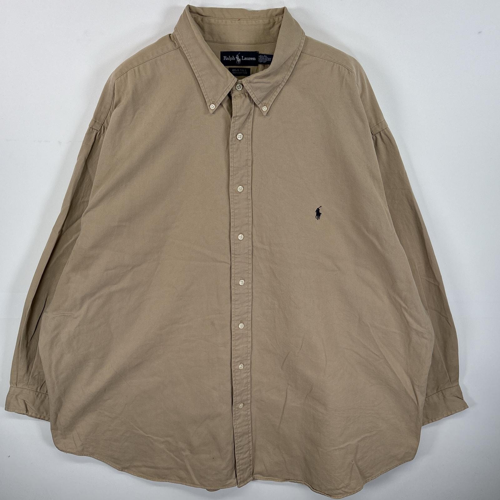 古着 ラルフローレン RALPH LAUREN 長袖シャツ 肉厚 ワンポイント ロゴ 刺繍 ボタンダウンシャツ 3X  ベージュ 無地 メンズ