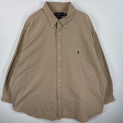 古着 ラルフローレン RALPH LAUREN 長袖シャツ 肉厚 ワンポイント ロゴ 刺繍 ボタンダウンシャツ 3X ベージュ 無地 メンズ
