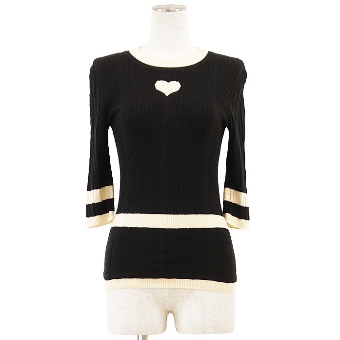 【美品】CHANEL シャネル ニット P52444 レディース サイズ 36 ウール100% ハート ケーブル プルオーバー クルーネック ハーフスリーブ 丸首 半袖 トップス ブラック アイボリー 黒 フランス製 カール・ラガーフェルド期