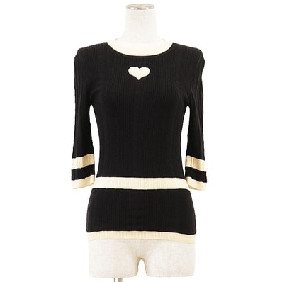 【美品】CHANEL シャネル ニット P52444 レディース サイズ 36 ウール100% ハート ケーブル プルオーバー クルーネック ハーフスリーブ 丸首 半袖 トップス ブラック アイボリー 黒 フランス製 カール・ラガーフェルド期
