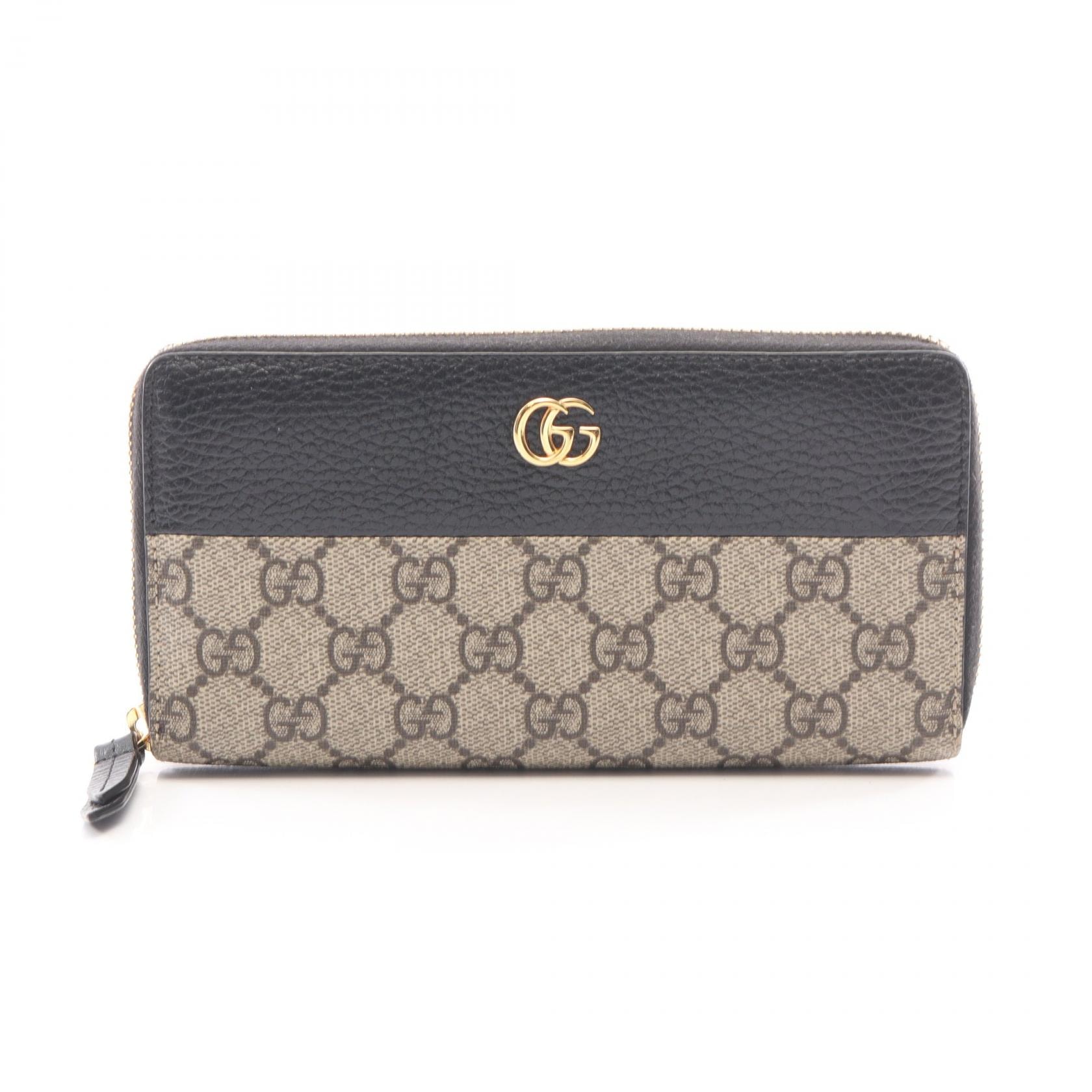 グッチ GUCCI プチマーモント GGマーモント ラウンド長財布 財布 レザー PVC レディース ベージュ系 / ブラック系 456117 【中古】