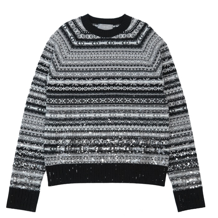 新品同様 ディオール スパンコール フェアアイル ニット メンズ ブラック ホワイト  グレー M Dior