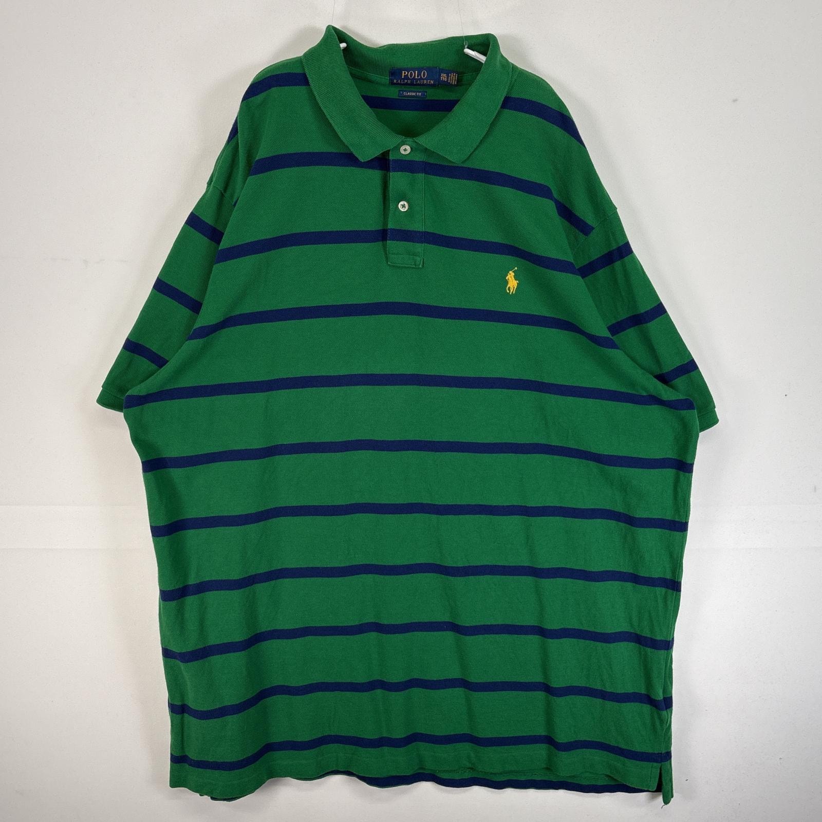 古着 ポロ・ラルフローレン POLO RALPH LAUREN 半袖 ポロシャツ ロゴ 刺繍 大きいサイズ 2ボタン 14041  グリーン ボーダー メンズ