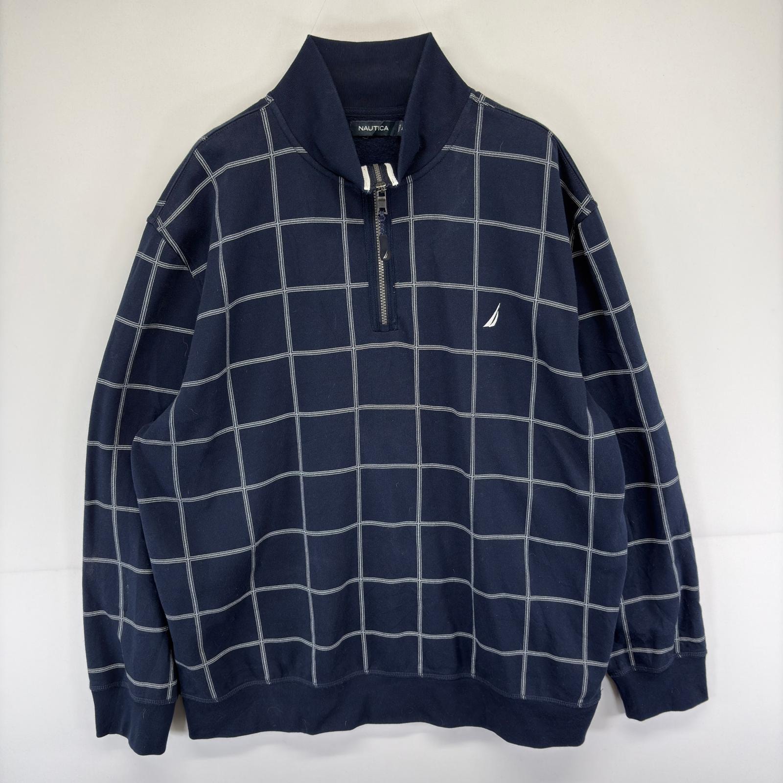 古着 ノーティカ NAUTICA スウェット ワンポイント ハーフジップ ロゴ 刺繍 大きいサイズ トレーナー 2XL  ネイビー系 チェック メンズ
