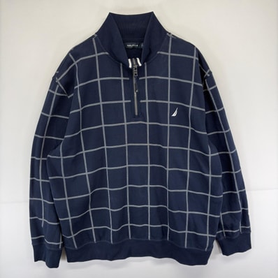 古着 ノーティカ NAUTICA スウェット ワンポイント ハーフジップ ロゴ 刺繍 大きいサイズ トレーナー 2XL ネイビー系 チェック メンズ