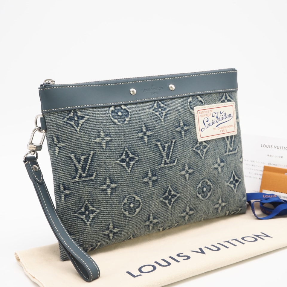 極美品 LOUIS VUITTON ルイ・ヴィトン モノグラム ウォッシュデニム ポシェット トゥ ゴー M82313 クラッチバッグ ブルー デニム レザー メンズ