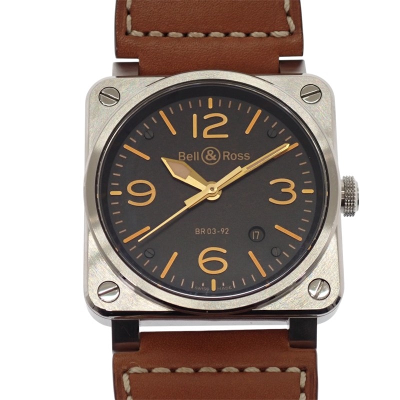 ベル&ロス Bell&Ross ゴールデンヘリテージ BR03-92GOLDENHERI-CA 腕時計 ステンレススチール レザー ブラック ブラウン 自動巻き ブラック文字盤 シルバー金具 メンズ【中古】【Aランク】
