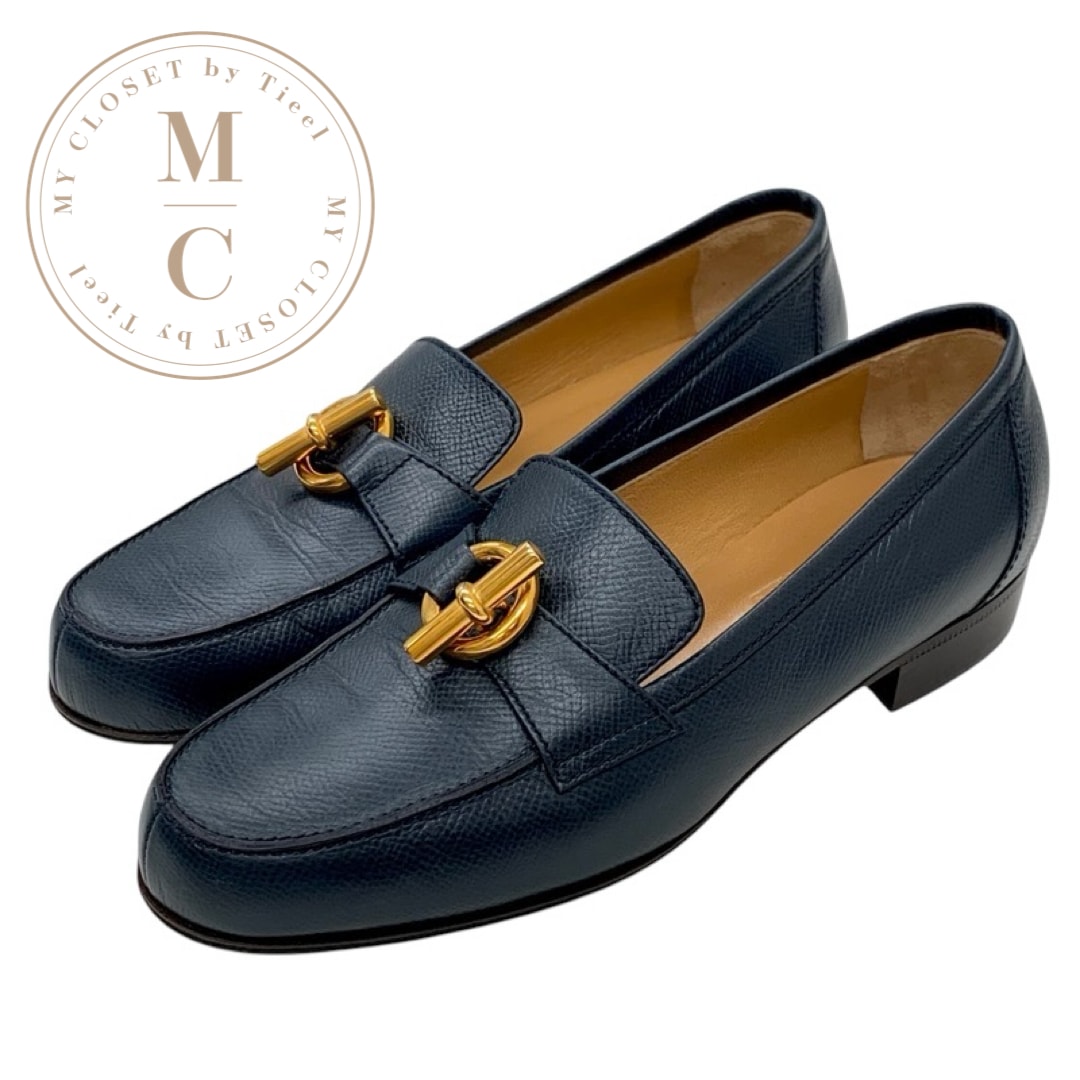 エルメス HERMES ローファー 革靴 靴 シューズ レザー ネイビー系 ゴールド モカシン シェーヌダンクル