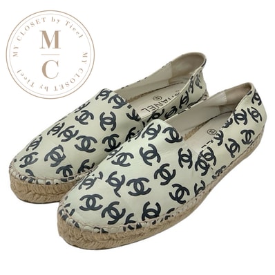 シャネル CHANEL フラットシューズ 靴 シューズ レザー アイボリー ブラック ココマーク エスパドリーユ スリッポン