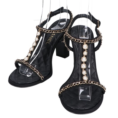 シャネル 【美品】25ss G46109 イミテーションパール チェーン/サテン アンクルストラップ ラムスキン サンダル 38C