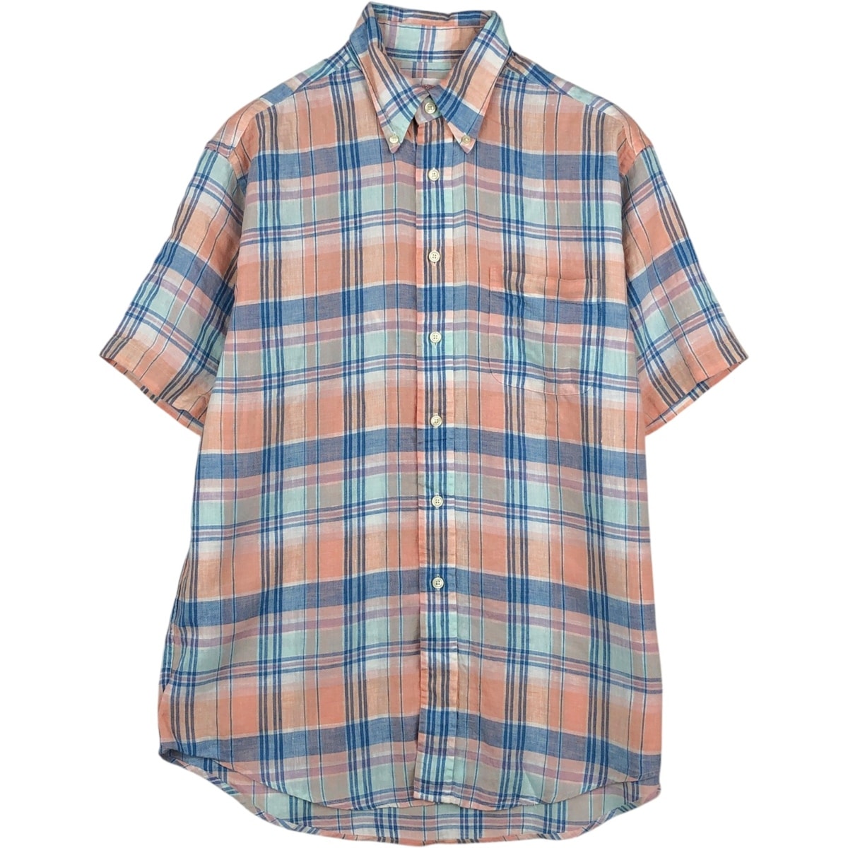 古着 ブルックスブラザーズ Brooks Brothers Est.1818 チェック柄 半袖 リネン ボタンダウンシャツ メンズM相当/eaa660724
