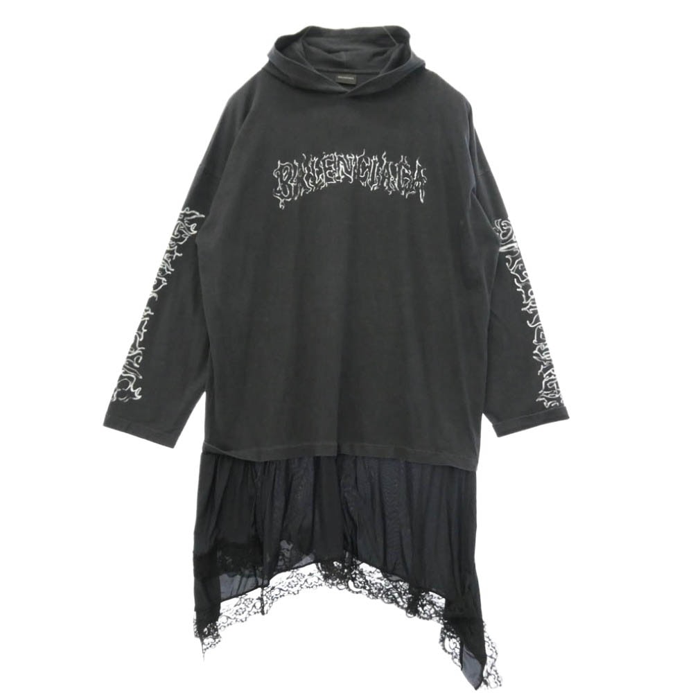 BALENCIAGA バレンシアガ 768077 TPVQ1 Hooded Hybrid Dress ダークウェブ ロゴプリント フーデッド ハイブリッド ドレス ワンピース ブラック系 3【中古】