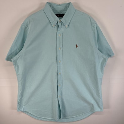 古着 ラルフローレン RALPH LAUREN 半袖シャツ ワンポイント ロゴ 刺繍 大きいサイズ ボタンダウンシャツ XL 水色 無地 メンズ