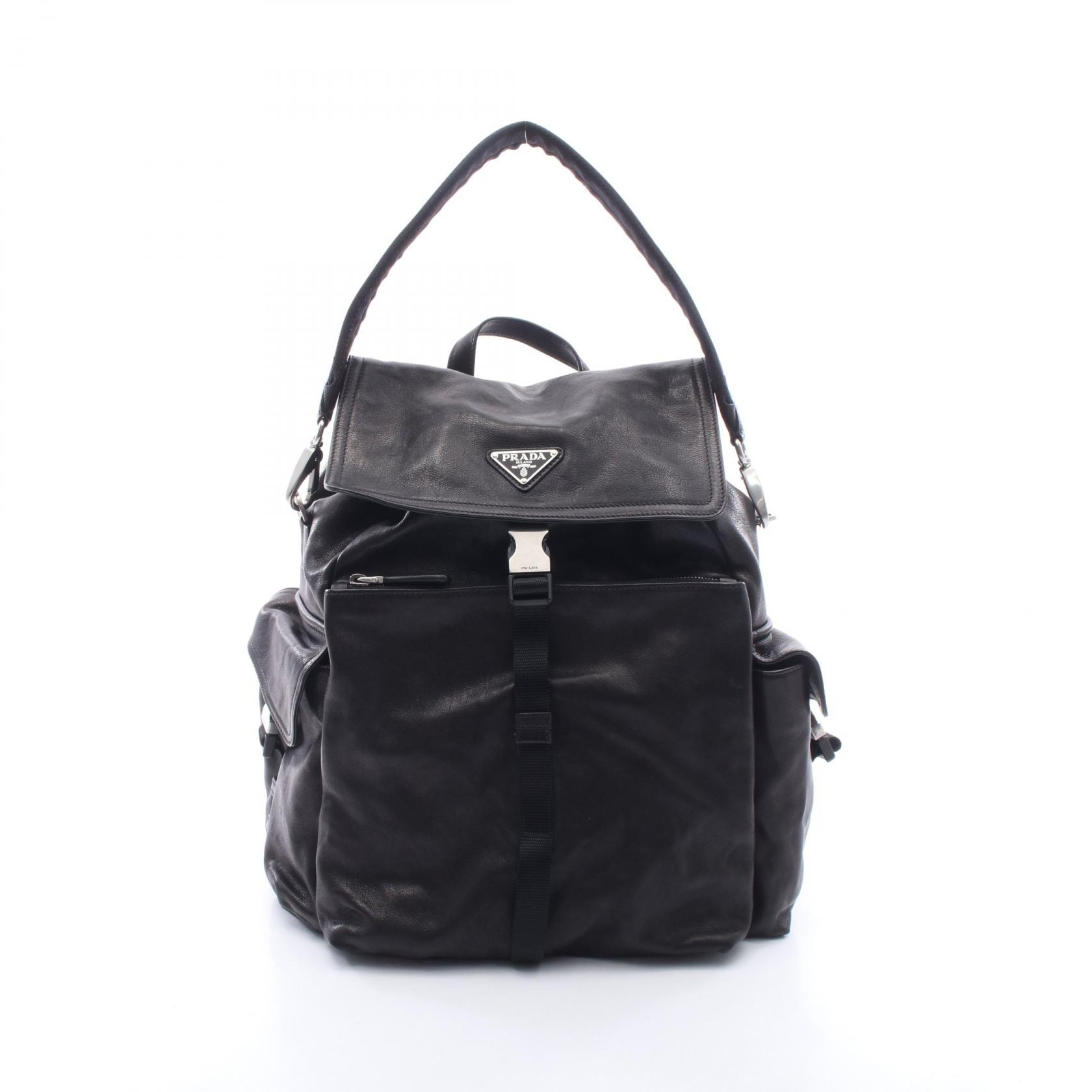 プラダ PRADA トライアングルロゴ 2WAY リュックサック バックパック バッグ レザー レディース ブラック系 【中古】