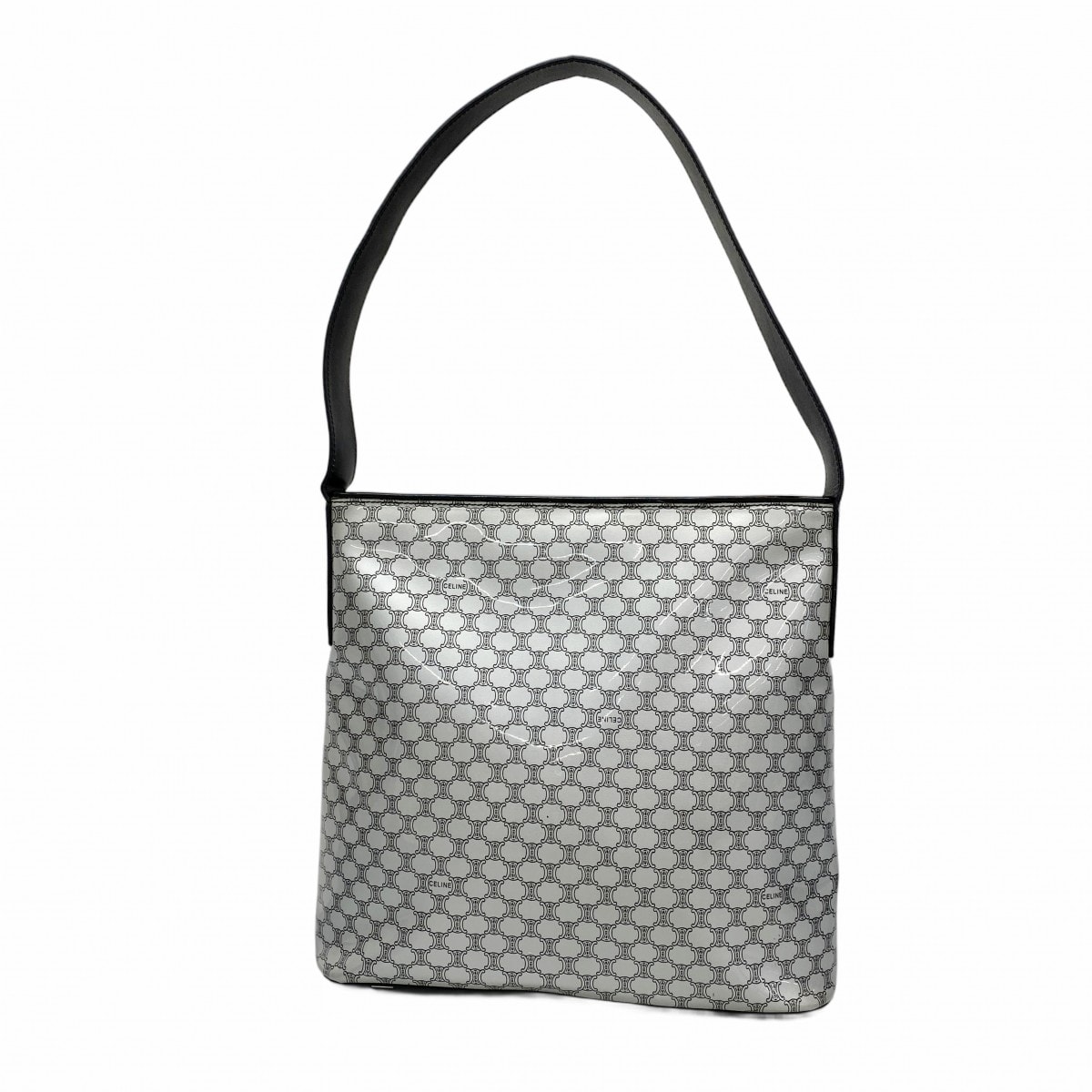 【6fa0471】セリーヌ ショルダーバッグ マカダム エナメル シルバー ブラック シルバー金具【中古】レディース