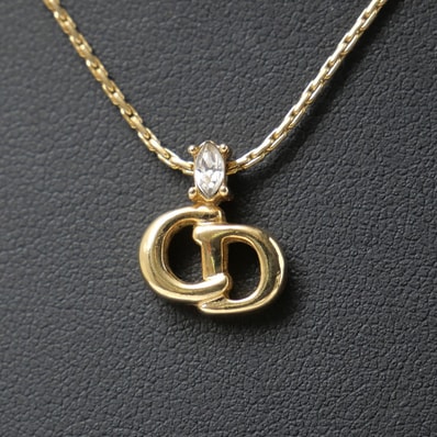■美品■Christian Dior クリスチャンディオール ネックレス CDロゴ ラインストーン ゴールドカラー ブランド古着【中古】20260825/RB0421