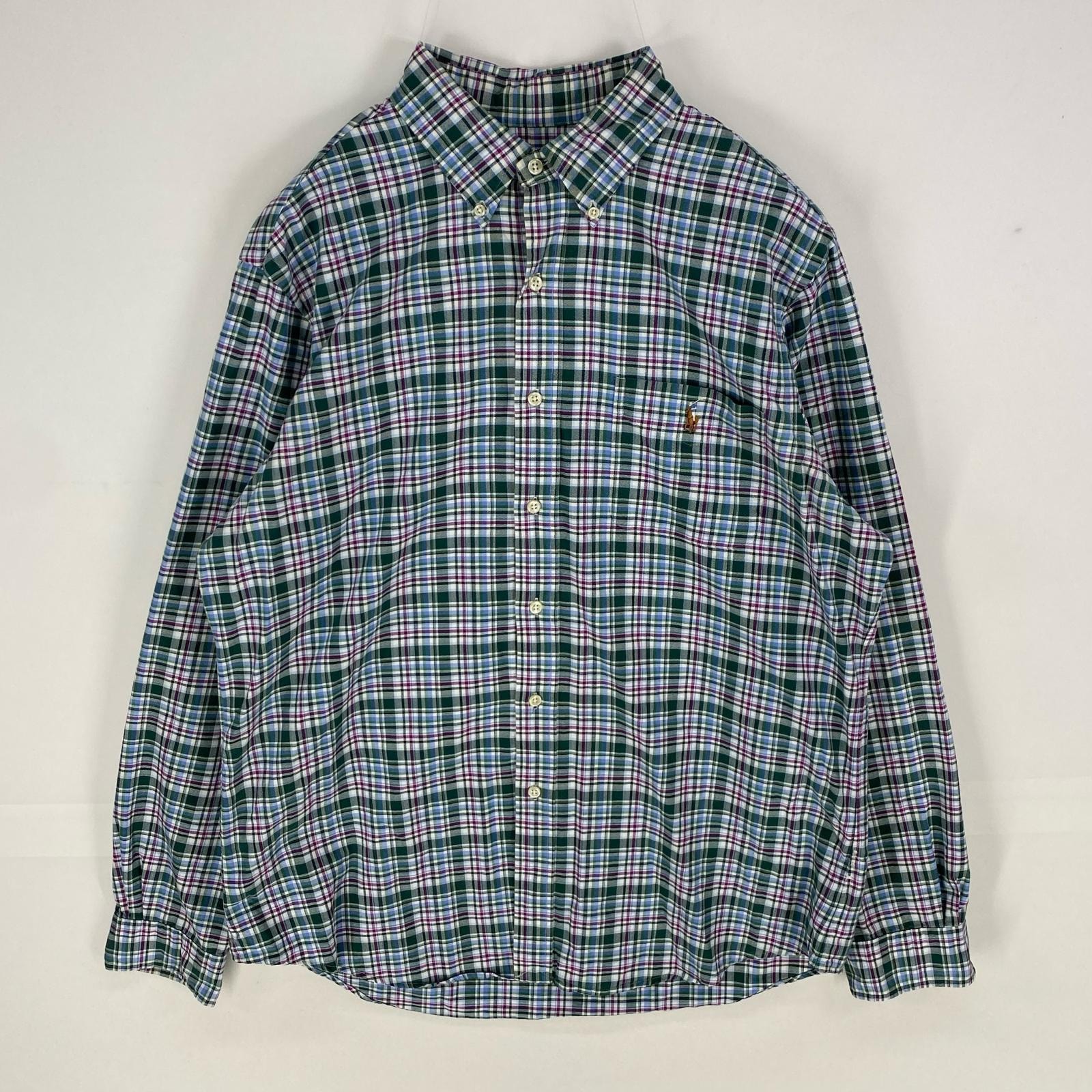 古着 ポロ・ラルフローレン POLO RALPH LAUREN 長袖シャツ ボタンダウン 胸ポケット ロングスリーブ L  グリーン系 チェック メンズ
